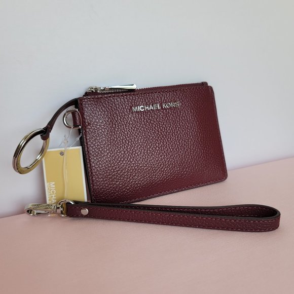 MICHAEL KORS Small Top-Zip Coin Pouch with ID Holder Pebbled Leather-Merlot ⭐$69 - Picture 3 of 16